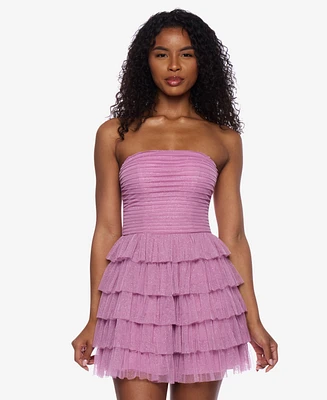 B Darlin Juniors' Strapless Side-Shirred Tiered Glitter Mini Dress