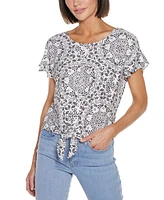 Belldini Women's Printed Eyelet Tie Front Knit Top