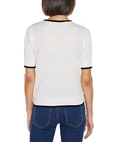 Belldini Women's Bow Detail Pointelle Short Sleeve Sweater