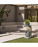 LuxenHome Gray Resin Column and Bowl Sculpture Outdoor Fountain with Lights