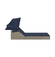 Double Sun Lounger with Canopy and Cushions Gray Poly Rattan