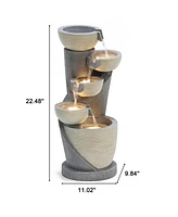 LuxenHome Gray Cascading Bowls and Column Resin Outdoor Fountain with Led Lights