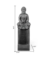 LuxenHome Resin Meditating Buddha on Column Lighted Outdoor Fountain