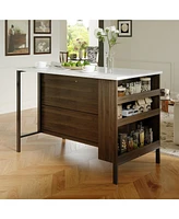 Kitchen island with 2 drawers, iron feet, island storage table with dining table, coffee station and microwave rack for home, dining room, marble and