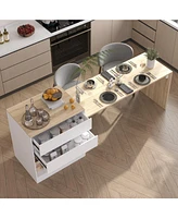 Kitchen island with 2 drawers, kitchen island storage table with dining table, coffee station and microwave rack for home, dining room, wood grain col