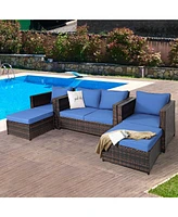 Gymax 5PCS Outdoor Patio Rattan Conversation Sofa Furniture Set w/ Navy Cushions