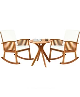 Gymax 3PCS Patio Rocking Chair Set Round Table Solid Wood Cushioned Sofa Garden Deck