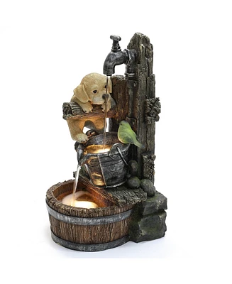 LuxenHome Puppy at the Farmhouse Faucet Resin Outdoor Fountain with Lights