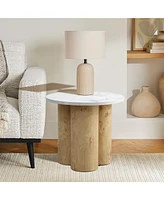 LuxenHome Burl Wood Finish Manufactured Wood 17.7-Inch Tall Round End and Side Table with Faux Marble Top