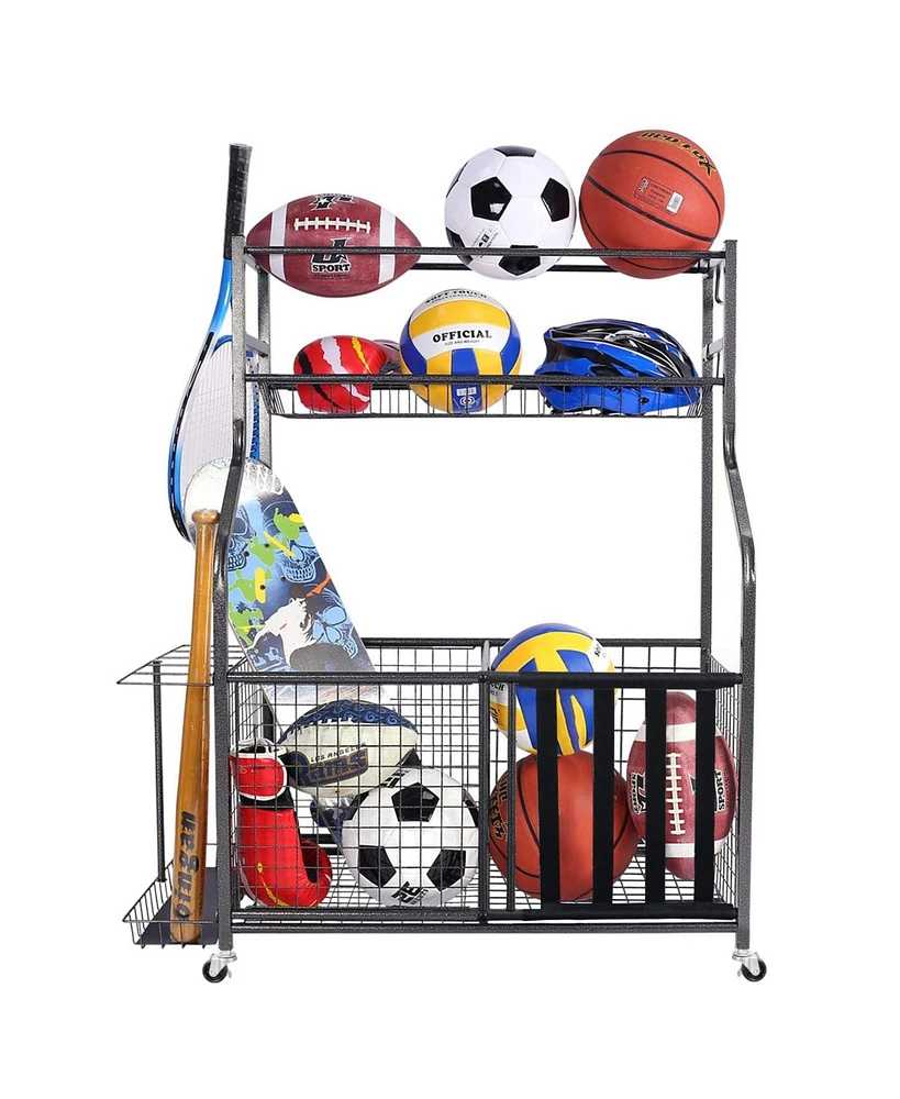 Mythinglogic Sports Organizers Rack with Wheels for Garage, Large Capacity Sports Equipment Storage Rack