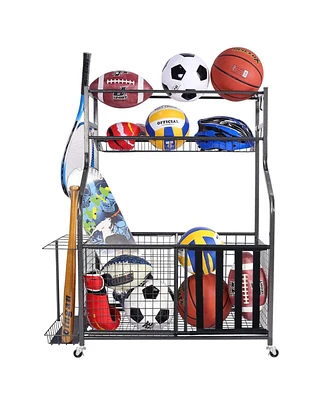 Mythinglogic Sports Organizers Rack with Wheels for Garage, Large Capacity Sports Equipment Storage Rack