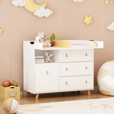 Foldable multi-purpose changing table, baby changing station with multiple storage compartments and drawers, white wood
