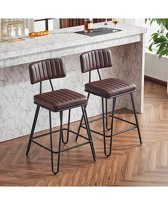Bar Stools Set of 2 Counter Height Chairs with Backrest Pu Leather Upholstery and Metal Frame for Kitchen Island Dining Room Home Bar-The Pop