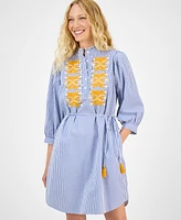 julia jordan Women's Striped Embroidered Tie-Waist Dress