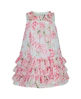 Blueberi Boulevard Baby Girls Ruffle Trim Floral Tent Dress Straw Hat Set