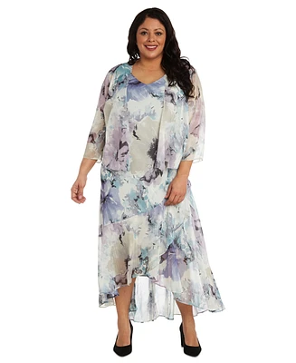 R & M Richards Plus Printed Sleeveless Midi Dress Cropped Jacket