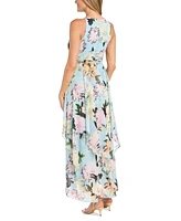 R & M Richards Petite Printed Halter-Neck Ruffled Sleeveless Gown
