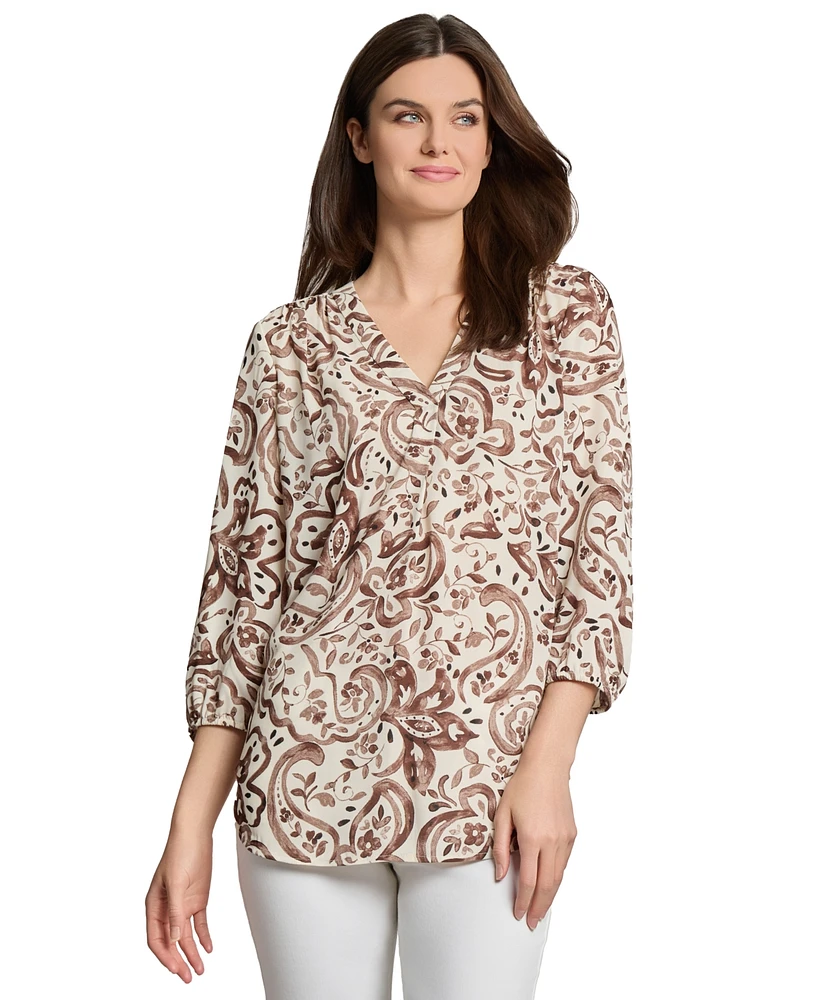 Jones New York Women's Floral Paisley-Print 3/4-Sleeve Top