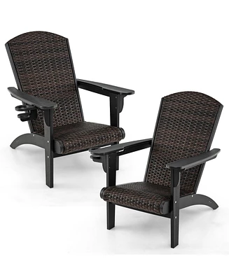 Gymax Set of 2 Adirondack Chair w/ Rattan Padded Seat & Back Wide Hidden Cupholder Patio