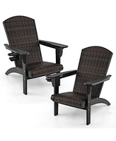 Gymax Set of 2 Adirondack Chair w/ Rattan Padded Seat & Back Wide Hidden Cupholder Patio