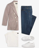 Jones New York Womens Checkered Print Faux Double Breasted Jacket Extended Shoulder Lattice Neck Top Lexington Mid Rise Straight Leg Denim Jeans