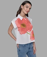 Karl Lagerfeld Paris Petite Big Flower Print Button-Front Blouse