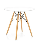 Contemporary Round Dining Table – Glossy Fiberglass Surface & Tapered Wood Legs