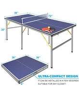 6 ft. Mid-Size Foldable Table Tennis Table Ping Pong Table Set with Net, 2 Paddles and 3 Balls for Indoor Outdoor