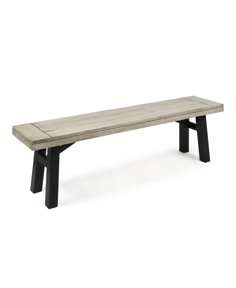 63 in. Sandblasted Light Gray Wood and Metal Outdoor Patio Bench