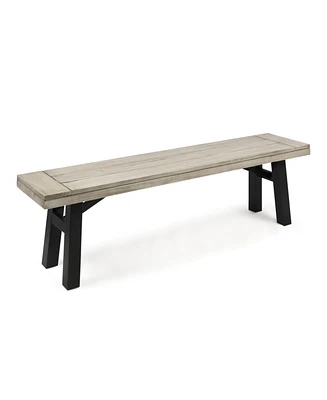 63 in. Sandblasted Light Gray Wood and Metal Outdoor Patio Bench