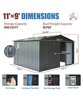 11 ft. W x 9 ft. D Dark Gray Metal Storage Shed with Windows, Utility Tool Storage Room with Lockable Door