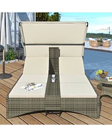 Outdoor Daybed Rattan Sun Lounger with Shelter Roof with Adjustable Backrest, Storage Box and 2 Cup Holders