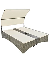 Outdoor Daybed Rattan Sun Lounger with Shelter Roof with Adjustable Backrest, Storage Box and 2 Cup Holders