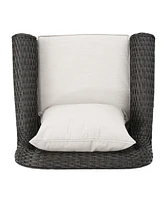 Dark Brown Swivel Faux Rattan Outdoor Patio Lounge Chair with Beige Cushions