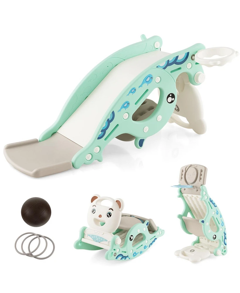 4-in-1 Kids Slide Rocking Horse with Basketball and Ring Toss