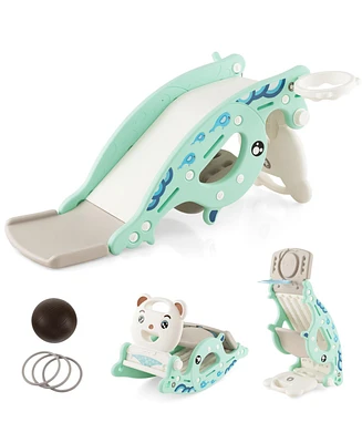 4-in-1 Kids Slide Rocking Horse with Basketball and Ring Toss