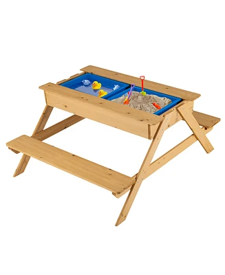 Gymax 3 in 1 Kids Picnic Table Wooden Outdoor Water Sand Table w/ Play Boxes