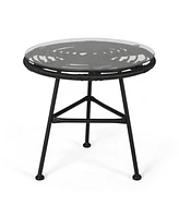 Modern Outdoor Metal Side Table with Thin Angled Legs, Tempered Glass Top