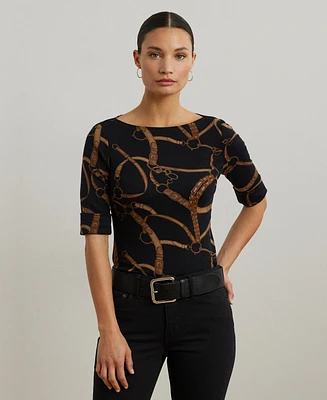 Lauren Ralph Women's Belting-Print Cotton-Blend Boatneck Tee