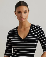 Lauren Ralph Women's Striped Cotton Elbow-Sleeve V-Neck Tee