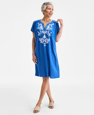 Style & Co Women's Embroidered Split-Neck Dress, Exclusively at Macy's