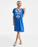 Style & Co Women's Embroidered Split-Neck Dress, Exclusively at Macy's
