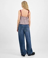 Madden Girl Juniors Plaid Ribbon Babydoll Tank Tinseltown Wide Barrel Leg Jeans
