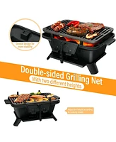 Portable Hibachi Grill, Double-sided Cast Iron Grill with Air Regulating Door & Fire Gate, Grate Lifter, Ideal for Outdoor Picnic, Camping & Backyard