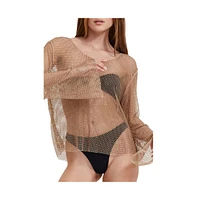 Flirtt Gottex Women's Rhinestone Lattice Long Sleeve Cover Up