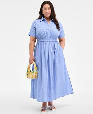 On 34th Plus Striped Classic-Collar Midi Shirtdress, Exclusively at Macy's