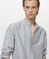 Mango Men's Striped Mandarin-Collar Linen Shirt