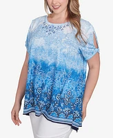 Ruby Rd. Plus Crystal Ombre Cold Shoulder Crew Neck Top