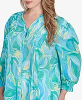 Ruby Rd. Plus Abstract Tropical Silky Button Front Top