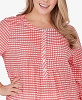 Ruby Rd. Plus Size Gingham Silky Henley Crew Neck Top